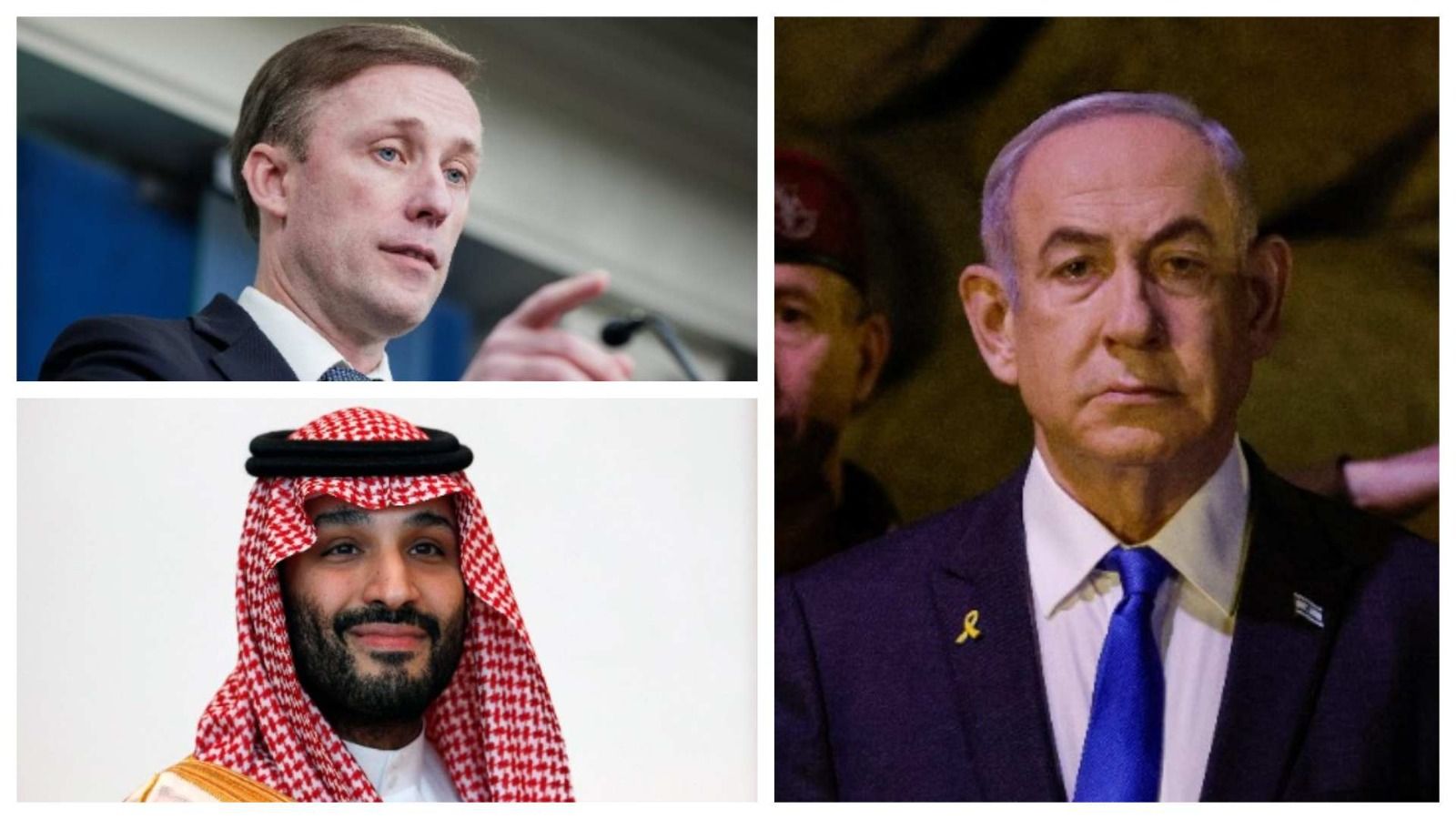 L'assessor de Seguretat Nacional de la Casa Blanca, Jake Sullivan, el príncep hereu de l'Aràbia Saudita, Mohammed bin Salman, i el primer ministre d'Israel, Benjamin Netanyahu