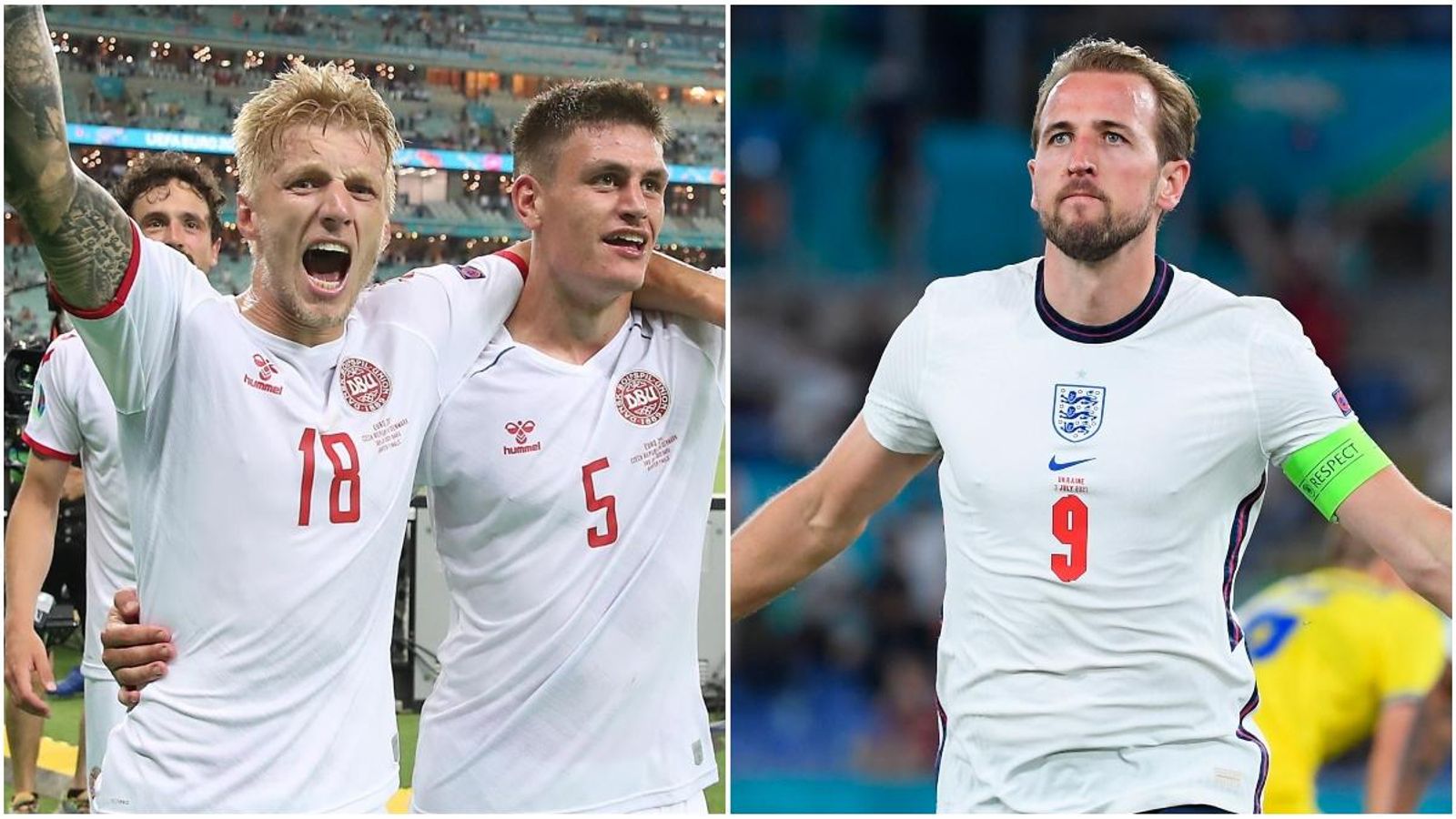 Jugadors de Dinamarca (esquerra) i l'anglés Kane (dreta) celebren el pas a semifinals