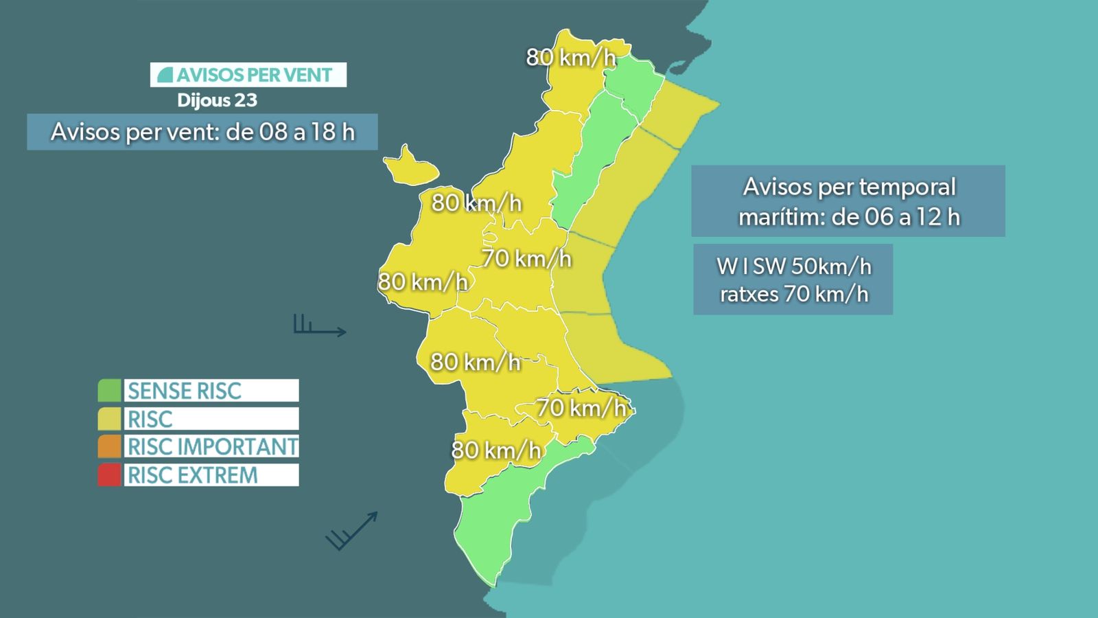 Avisos actius per vent per a este dijous