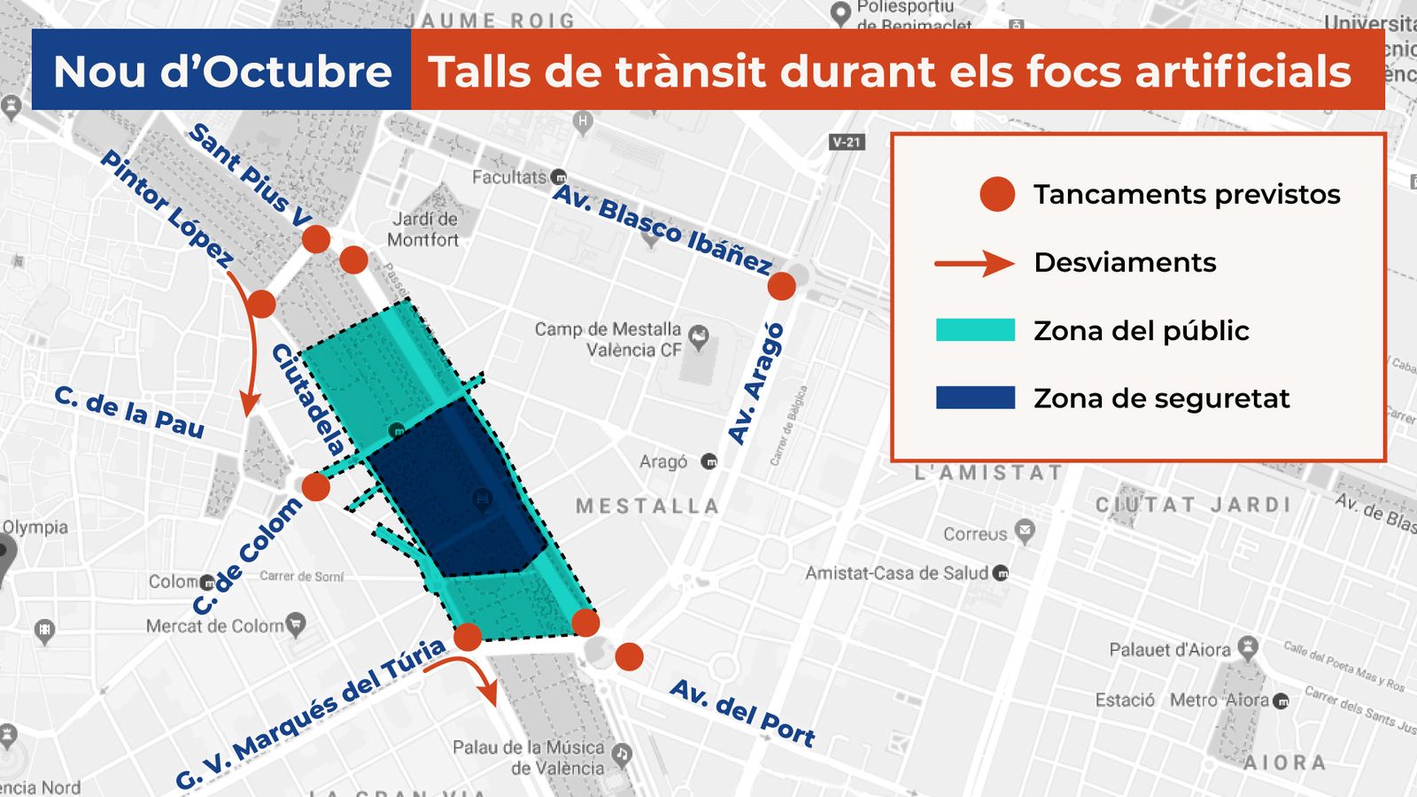 Talls de trànsit durant els focs artificials del 9 d’Octubre a València