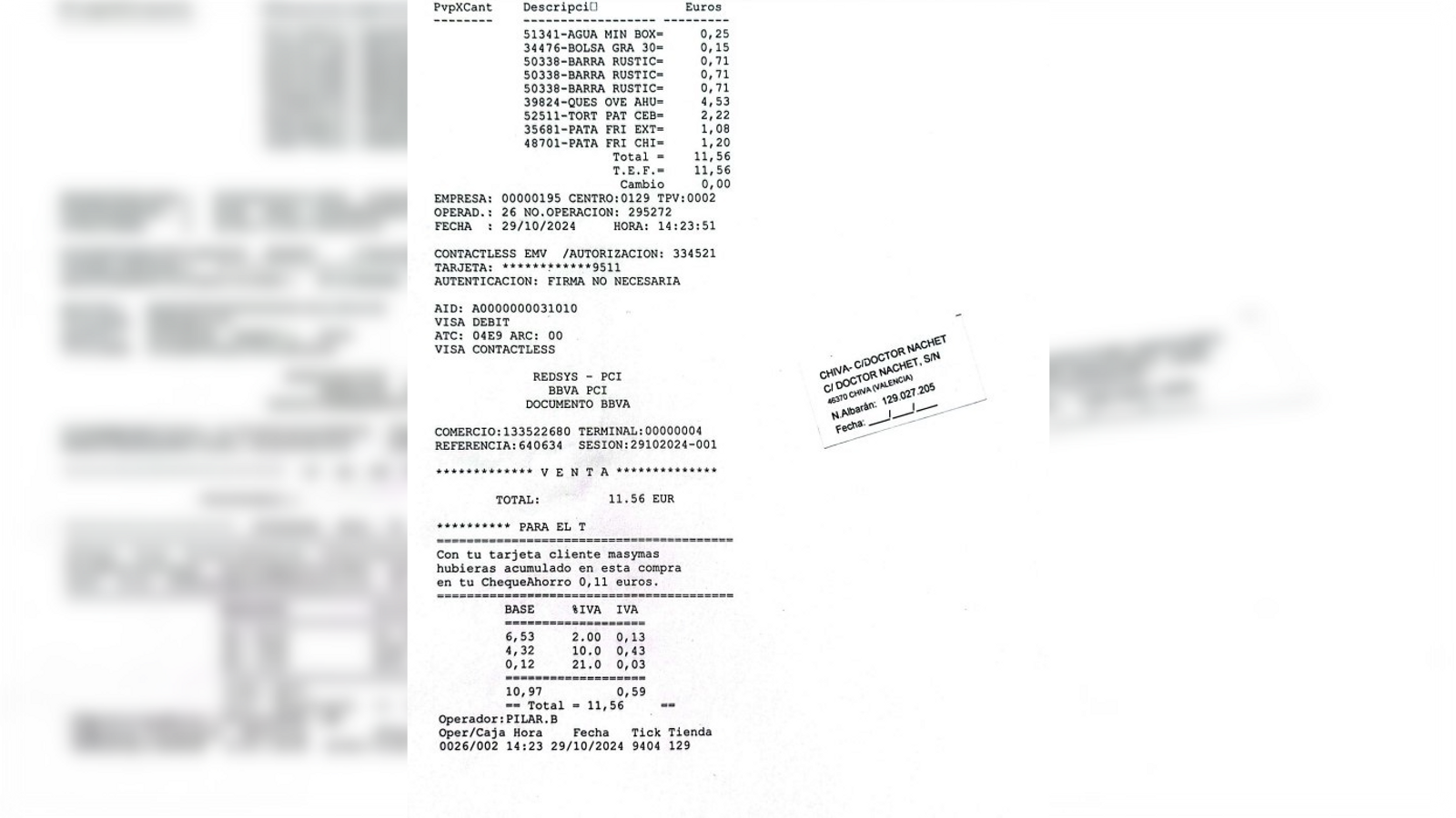 Ticket de la compra que van fer els bombers forestals a Xiva el 29 d'octubre, poc abans de les dos i mitja