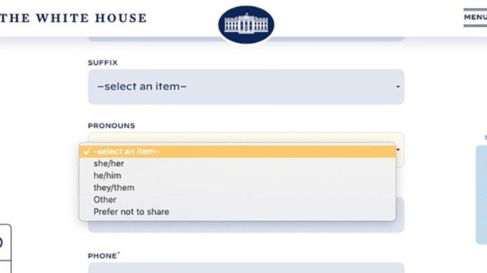 El formulari de contacte del web de la Casa Blanca permet a les persones triar els seus pronoms