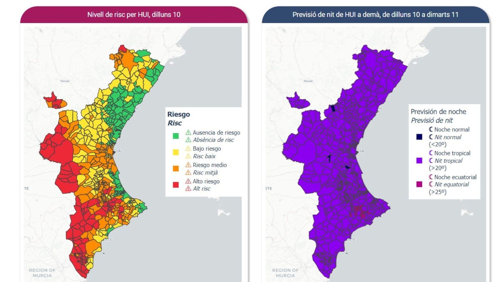 Nivells de risc per a dilluns en el sistema de vigilància de temperaturas extremes de la conselleria de Sanitat Universal