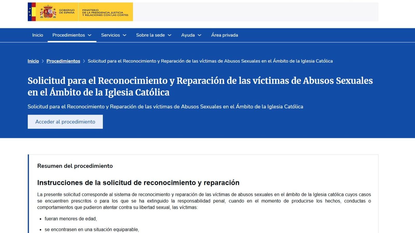 Portal habilitat pel Ministeri de Justícia per a iniciar el procediment de reparació dels abusos sexuals per part dels membres de l'Església