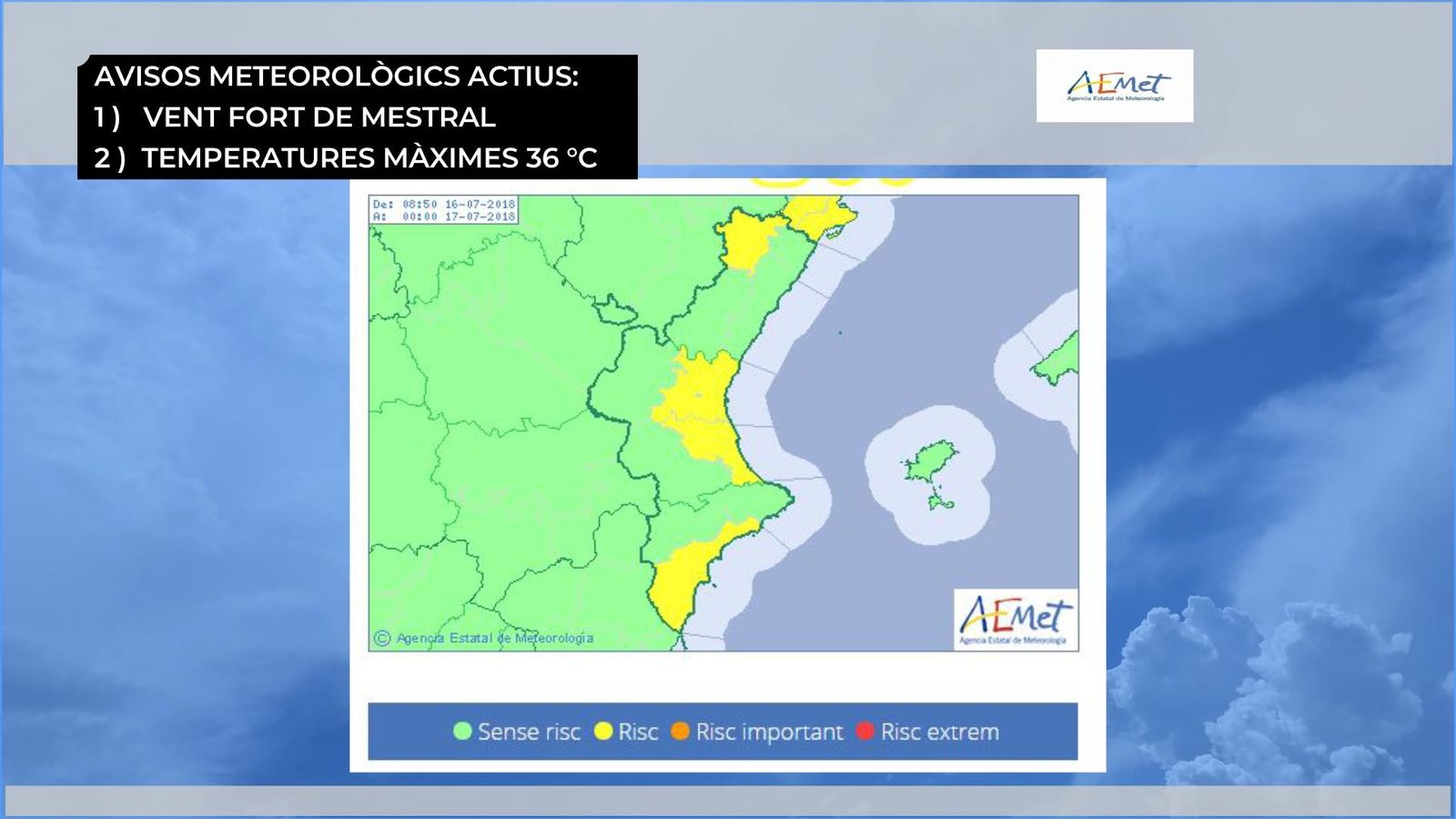 Avís groc Aemet, vent de mestral fort i temperatures superiors a 36 °C