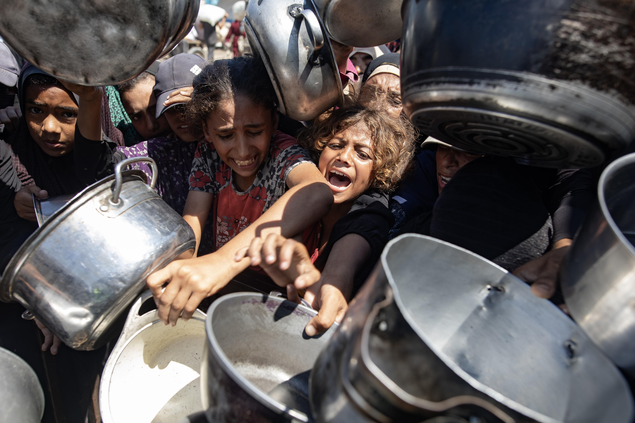 Xiquets palestins desesperats per a rebre menjar en Khan Yunis, en el sud de la Franja de Gaza, este dissabte Xiquets palestins desesperats per a rebre menjar en Khan Yunis, en el sud de la Franja de Gaza, este dissabte
