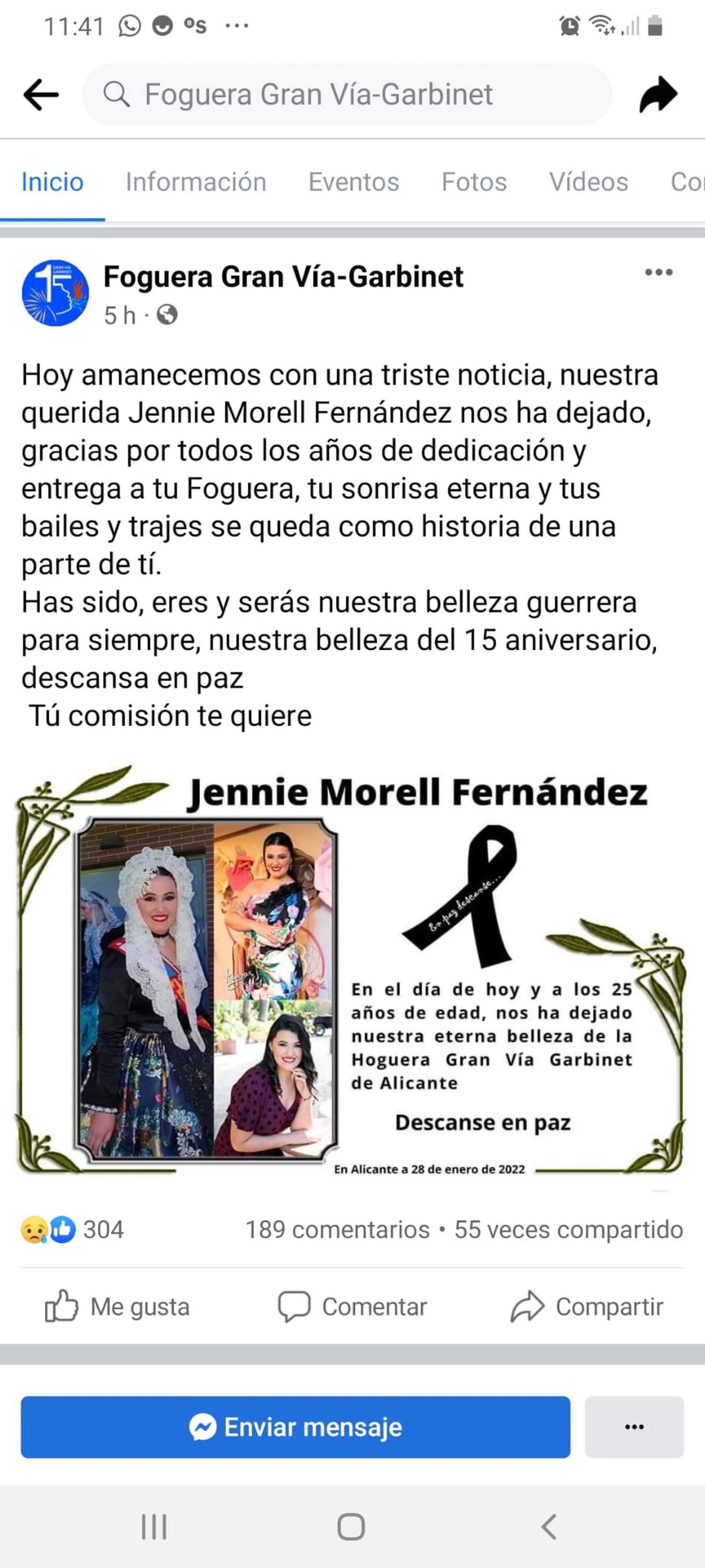 Missatge de la Foguera Gran Vía-Garbinet acomiadant a Jennie Morell