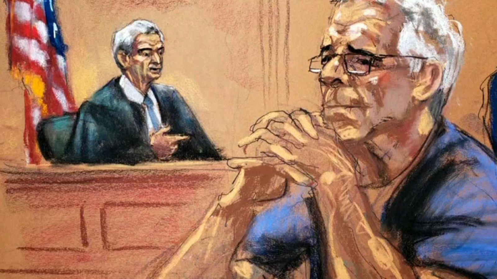 Dibuix de l'audiència de Jeffrey Epstein per la seua imputació en un cas d'explotació sexual, en el tribunal de Nova York