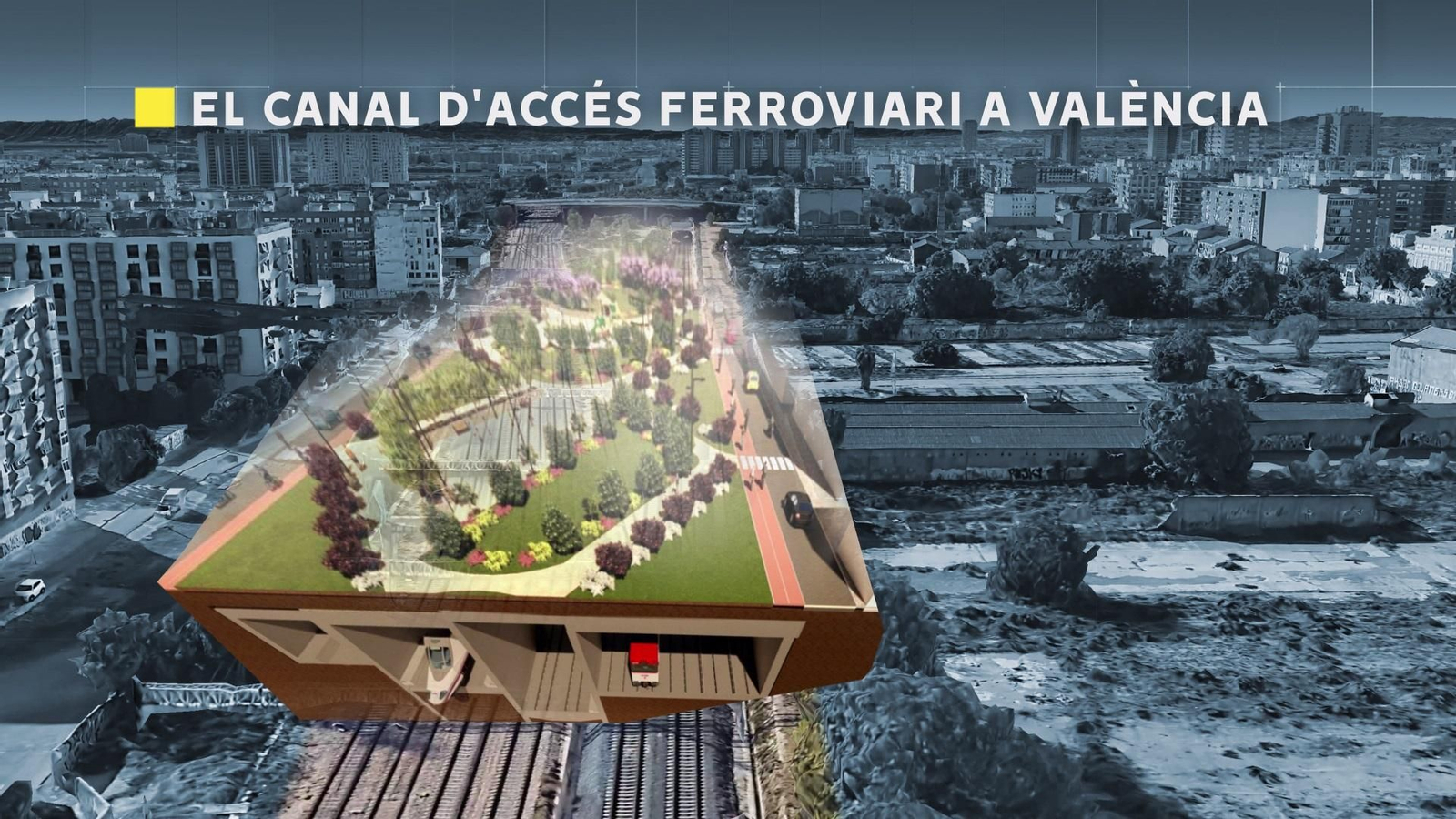 Recreació del futur túnel ferroviari amb la zona verda damunt