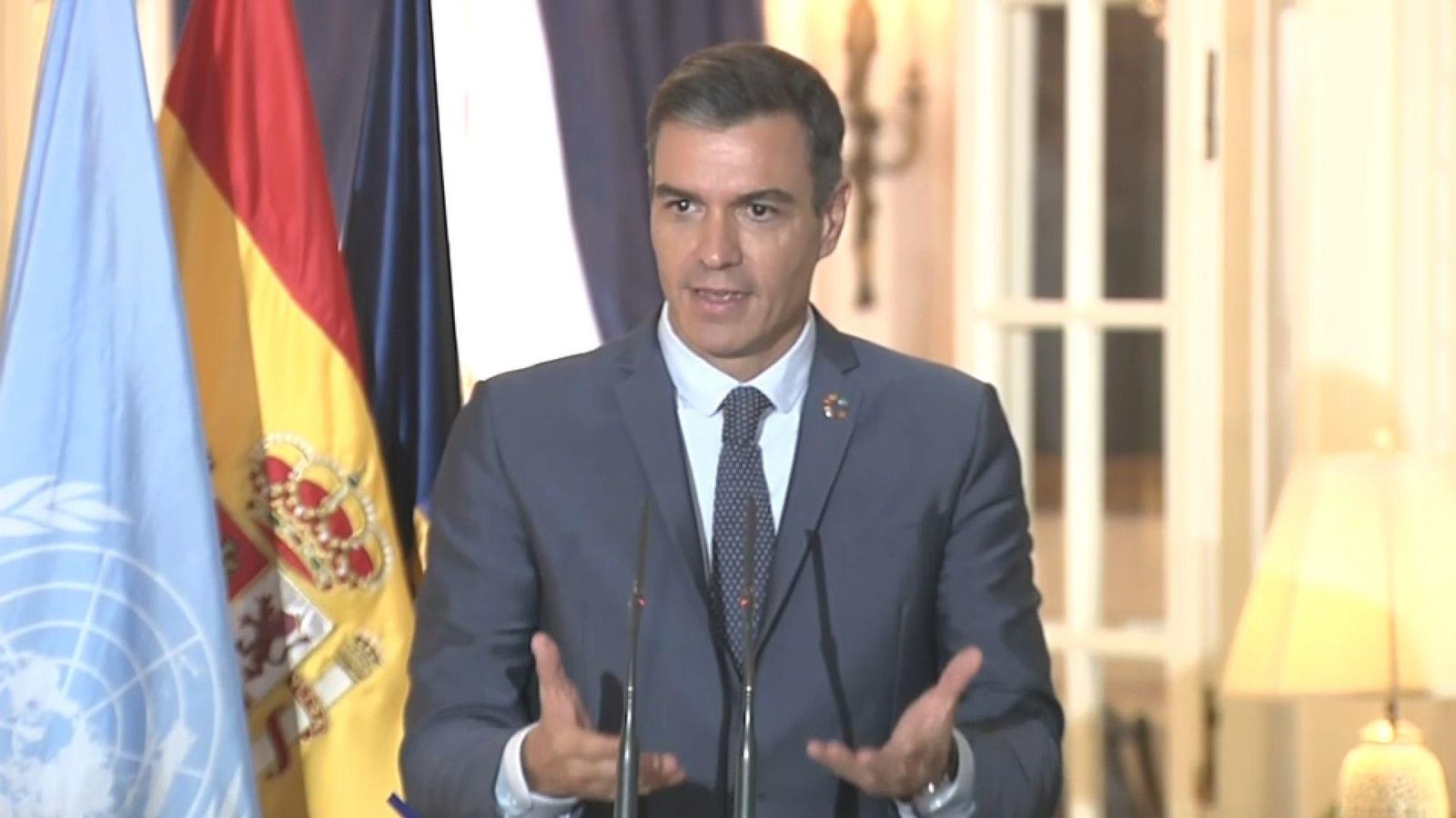 Compareixença de Pedro Sánchez en la residència de l'ambaixador representant permanent d'Espanya davant les Nacions Unides a Nova York