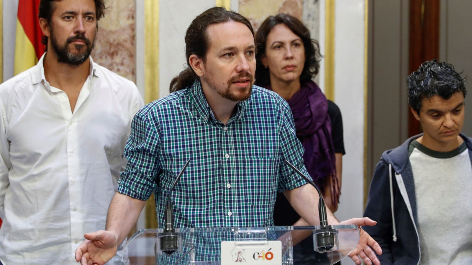 El secretari general de Podem, Pablo Iglesias, aquest matí, durant una roda de premsa