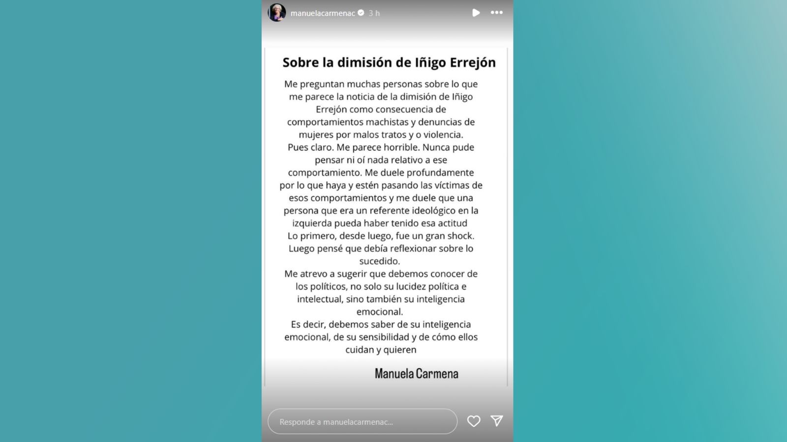 Captura del missatge de Manuela Carmen a la xarxa social Instagram