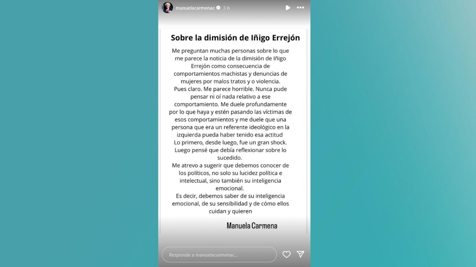Captura del missatge de Manuela Carmen a la xarxa social Instagram Captura del missatge de Manuela Carmen a la xarxa social Instagram