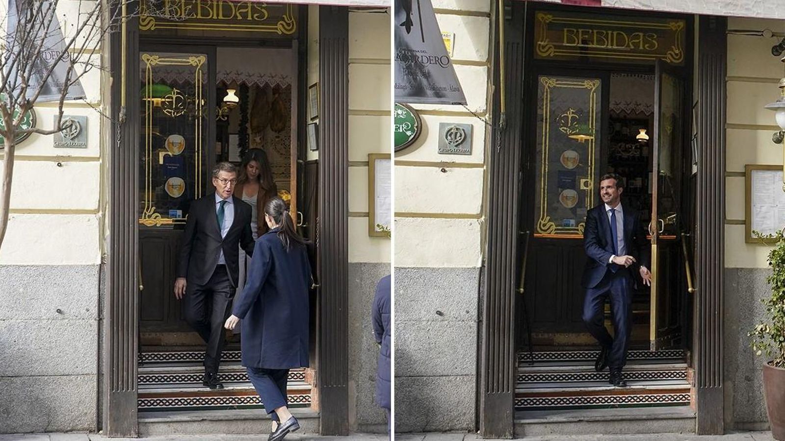 El líder del PP, Alberto Núñez Feijóo, i l'anterior president del partit Pablo Casado, a l’eixida del restaurant