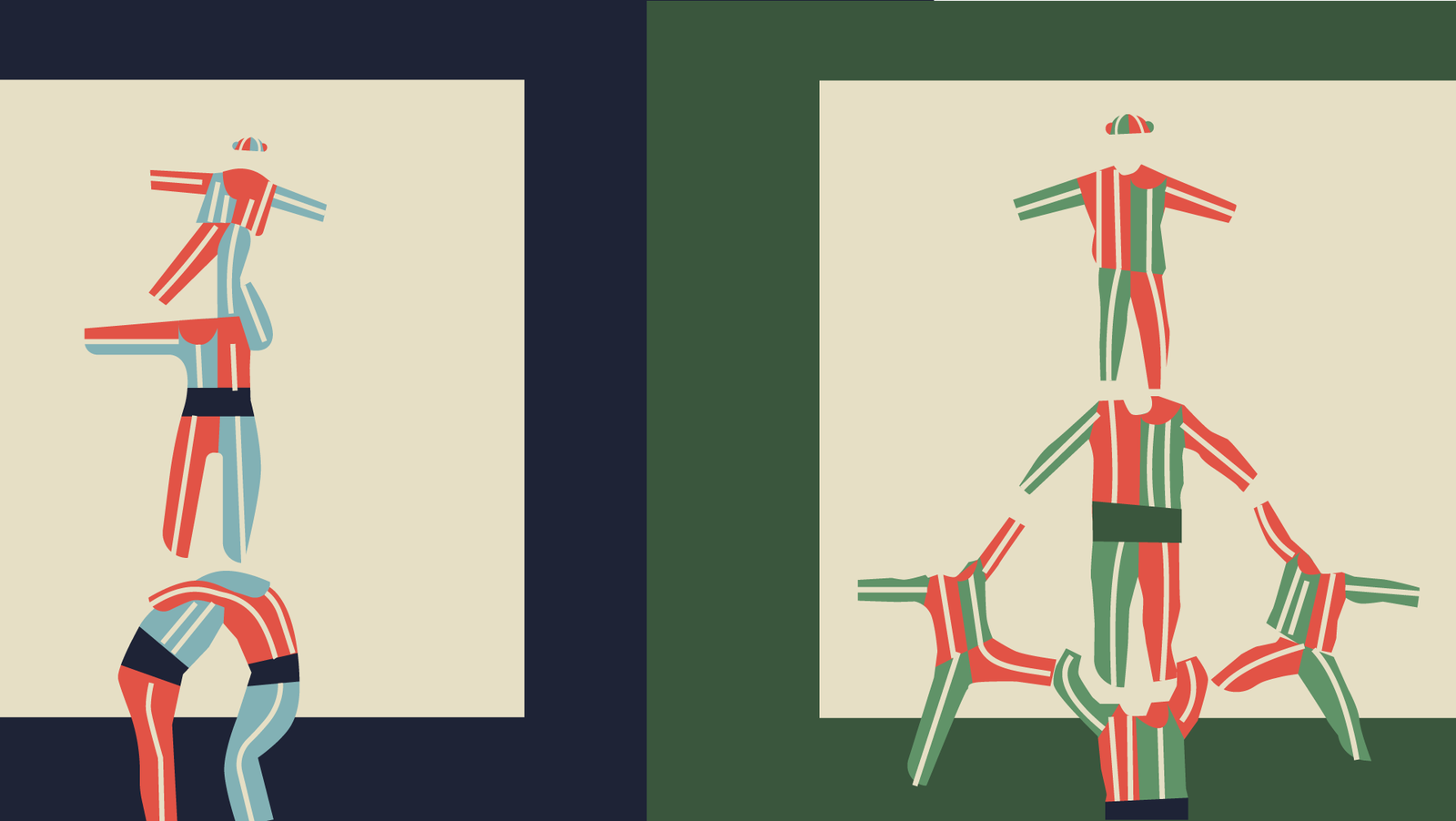 La Muixeranga d'Algemesí, vestits de blau i vermell i la Nova Muixeranga, que s'incorporen el 1998, amb el verd que els indetifica