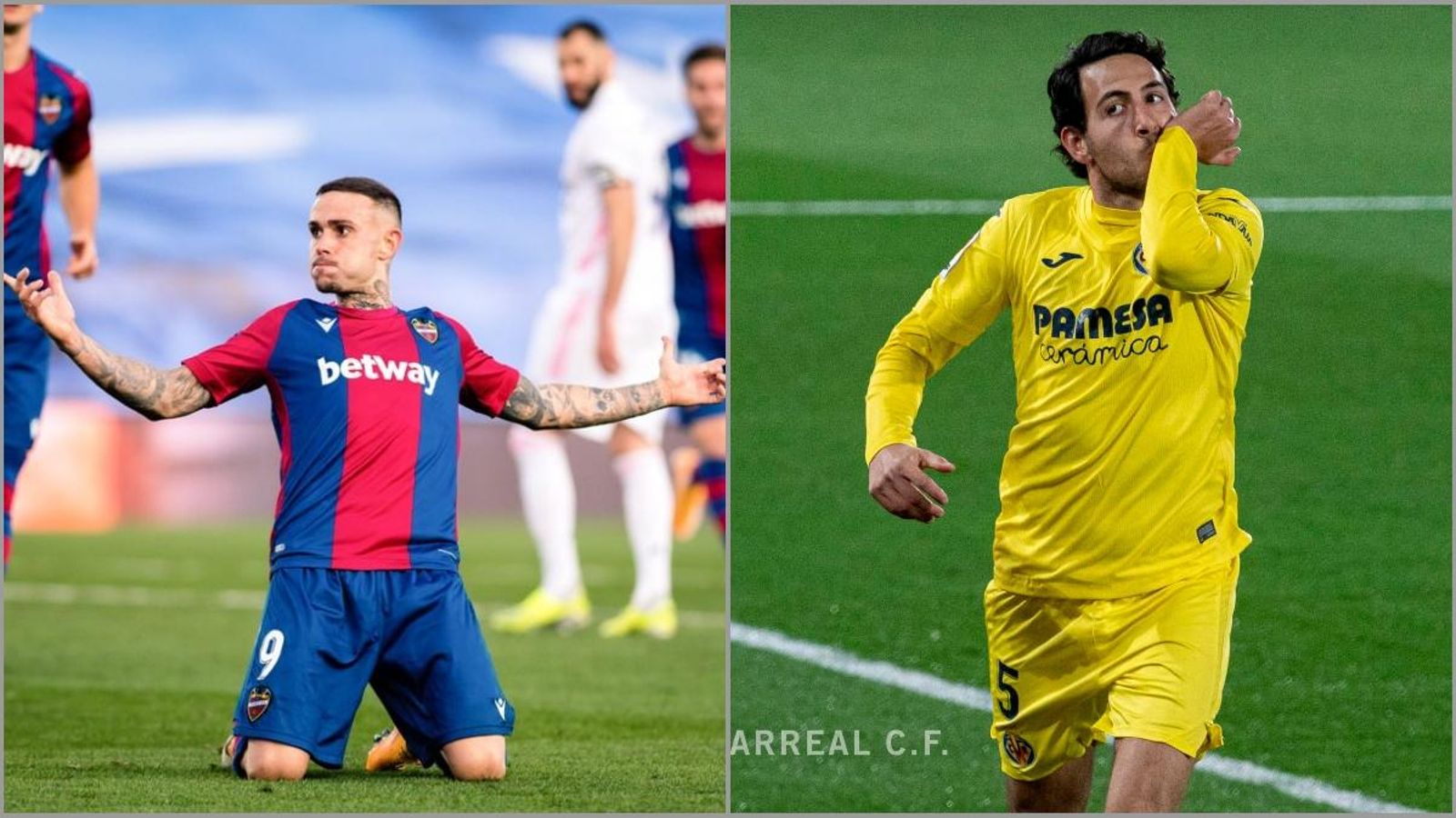 El jugador del Llevant, Roger Martí i el jugador del VIla-real, Daniel Parejo