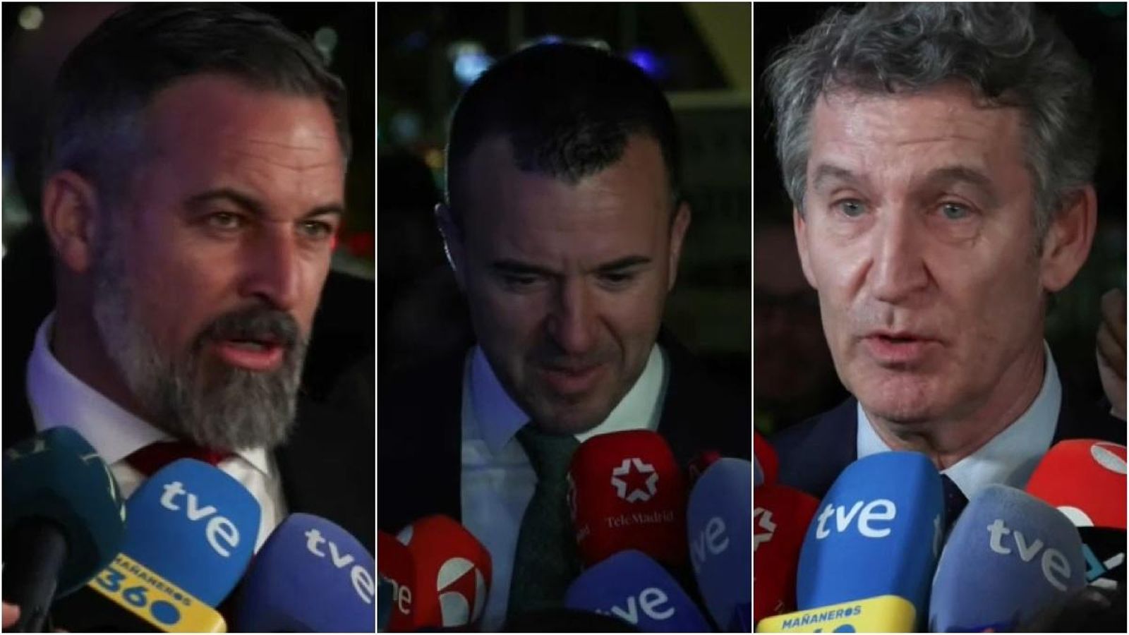 En els extrems, els líders de Vox (Santiago Abascal) i el PP (Alberto Núñez Feijóo), i en el centre, el president de la Diputació de València, Vicent Mompó
