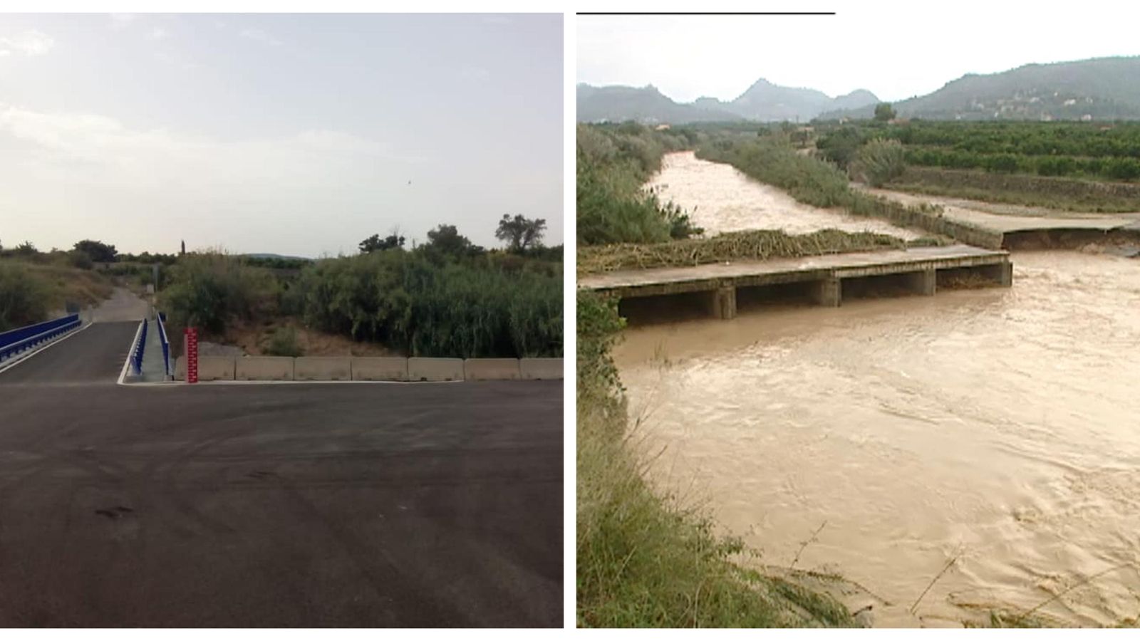 A l'esquerra, el pont reconstruït. A la dreta, restes del pont després de la riuada
