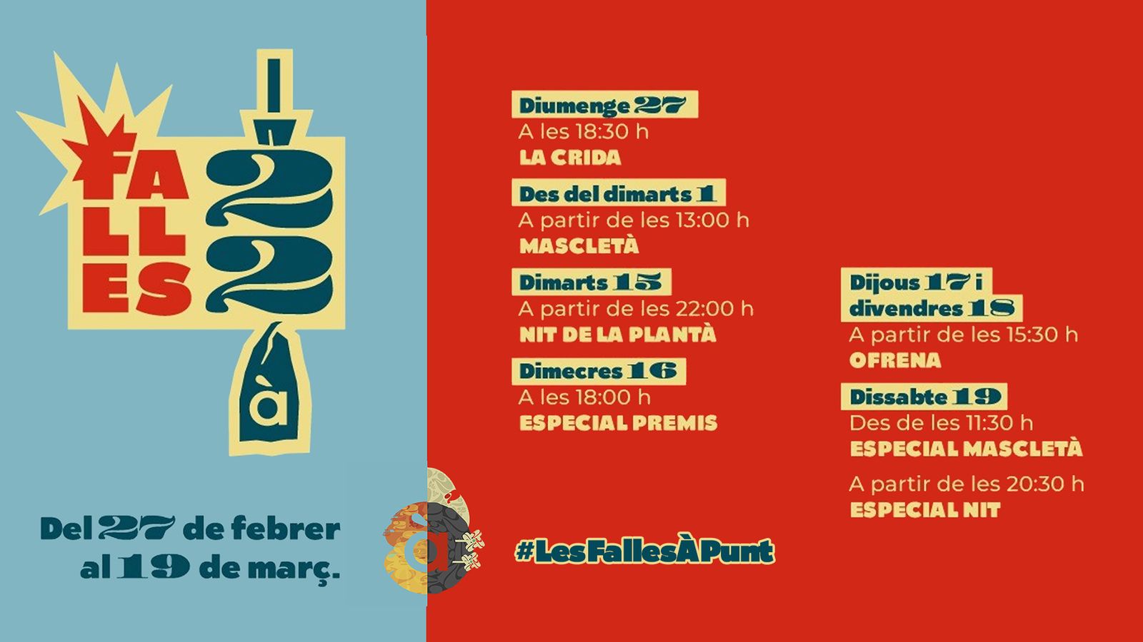 Calendari de Falles complet, des del 27 de febrer al 19 de març