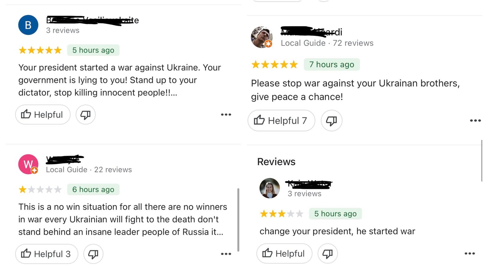 Algunes de les resenyes deixades pels usuaris a negocis i restaurants de Rússia