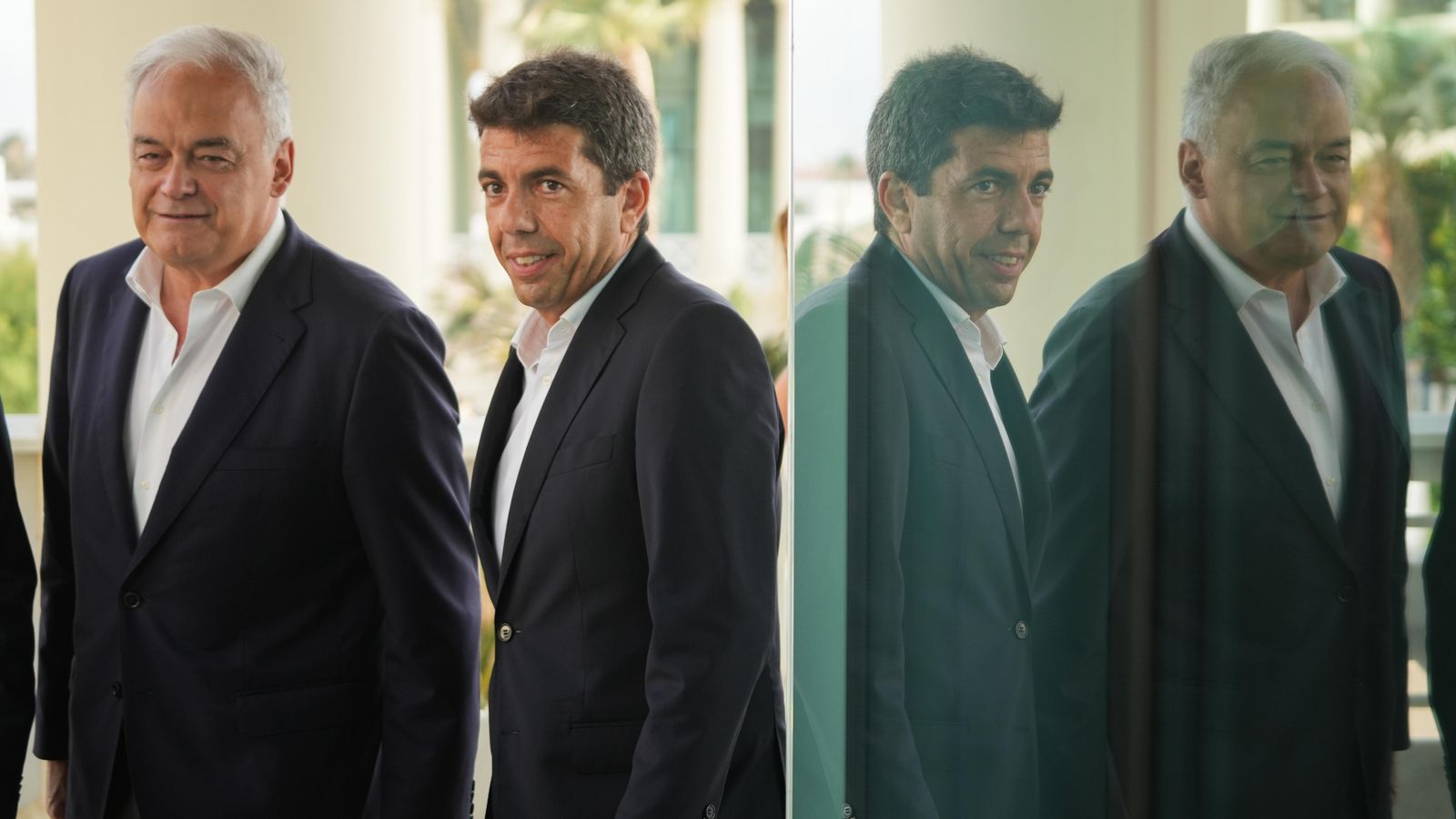 Esteban González Pons i Carlos Mazón a la seua arribada a un desdejuni informatiu de Fòrum Europa, aquest dimecres a València