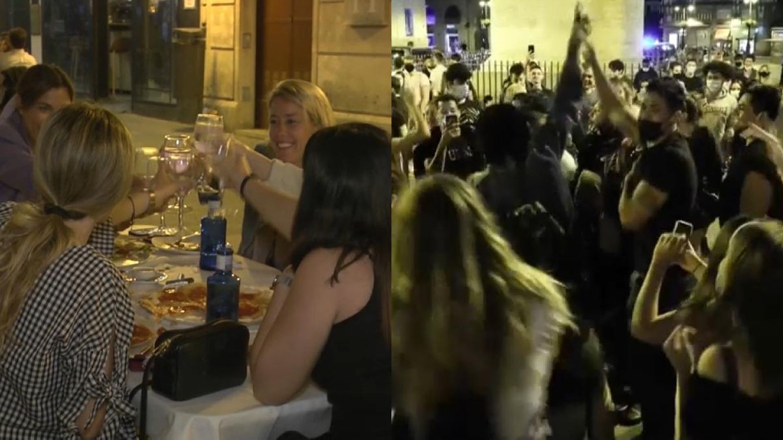 D'esquerra a dreta, la normalitat a les terrasses de València xoca amb els botellots a la Puerta del Sol de Madrid