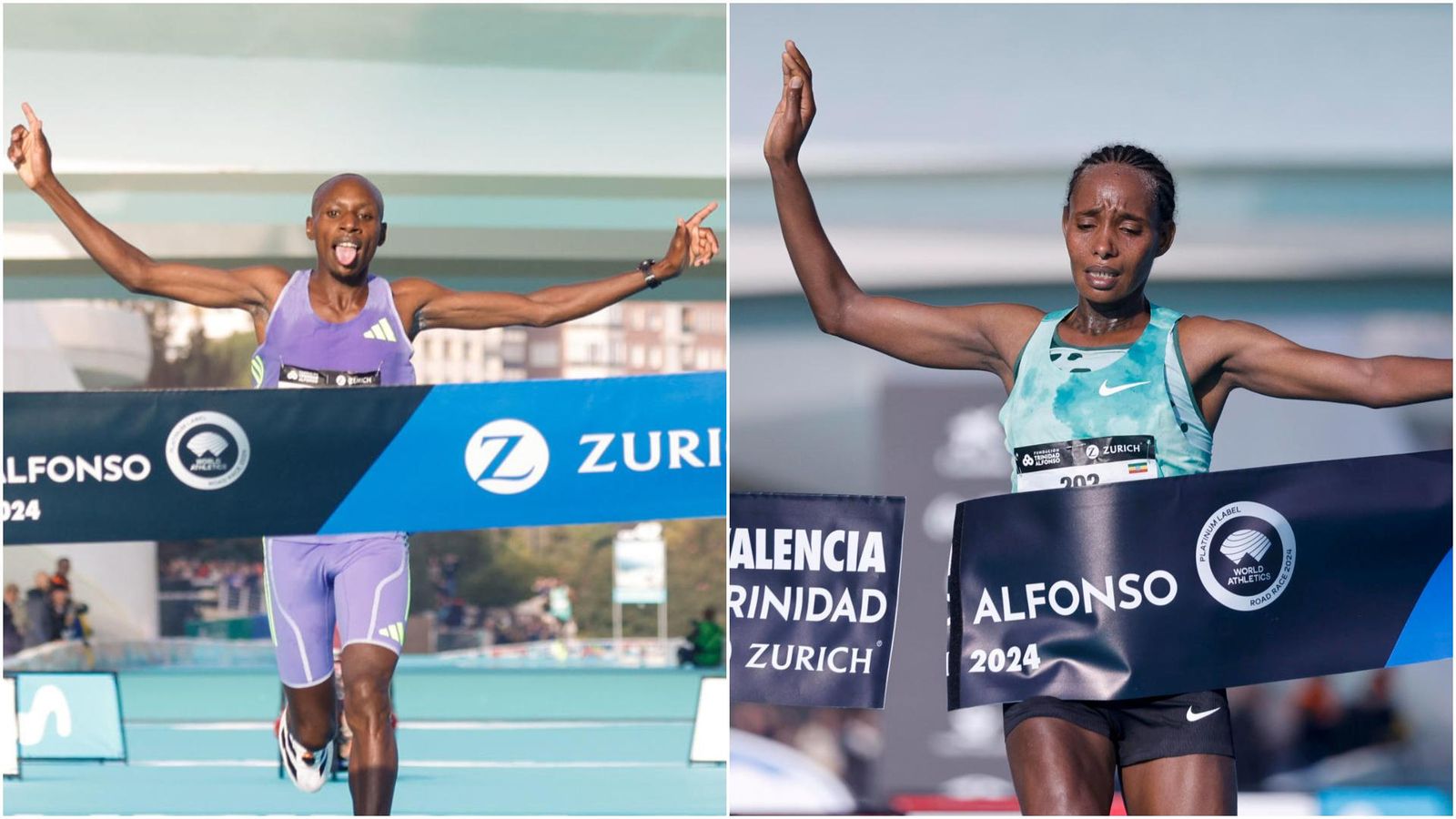 Sebastian Sawe i Megertu Alemu, en l'arribada a meta