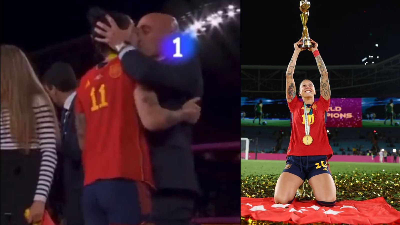 Durant l'emissió de la celebració de la victòria, s'aprecia com Rubiales agarra del cap a Hermoso i li planta un bes a la boca.