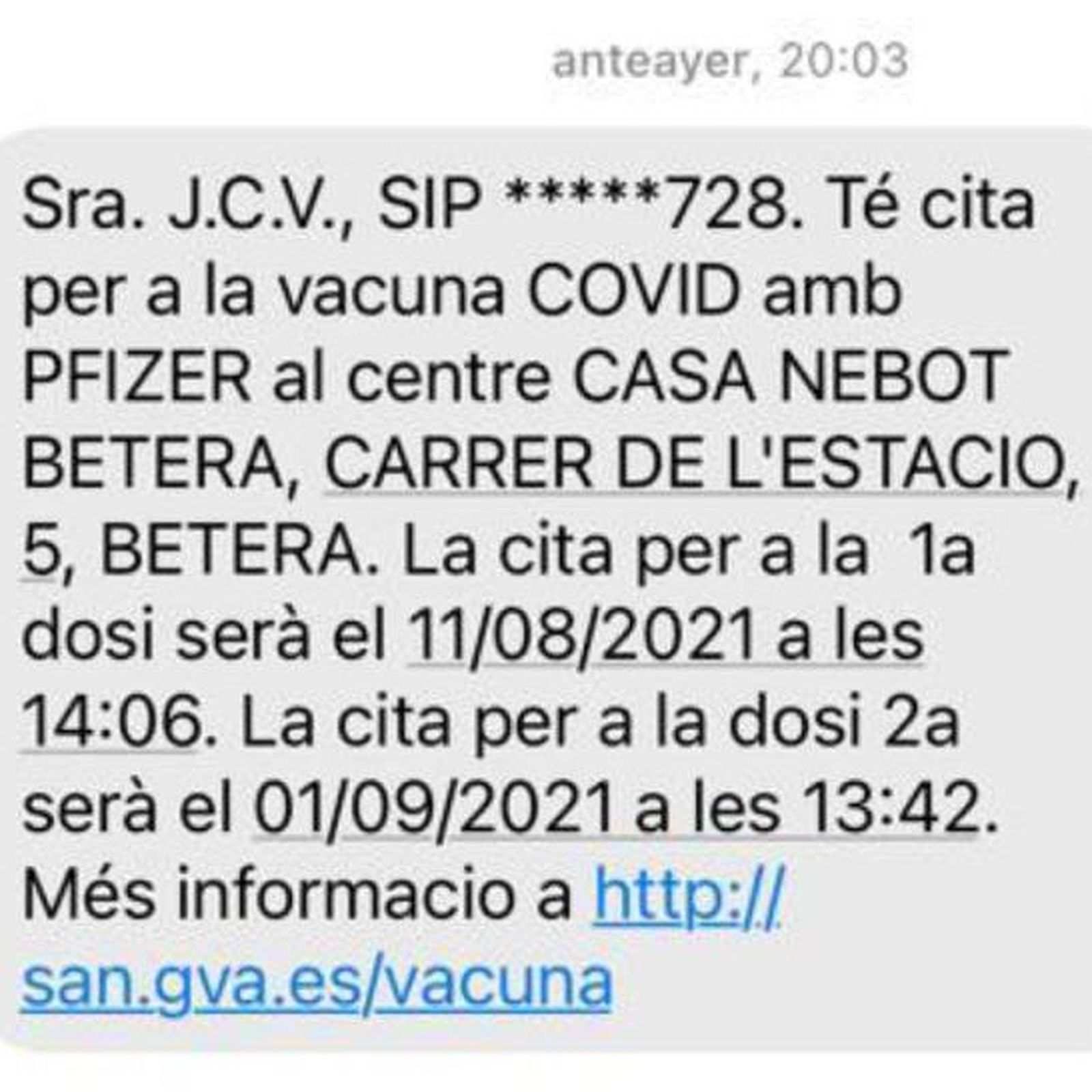 Un dels missatges de citació enviat a un adolescent