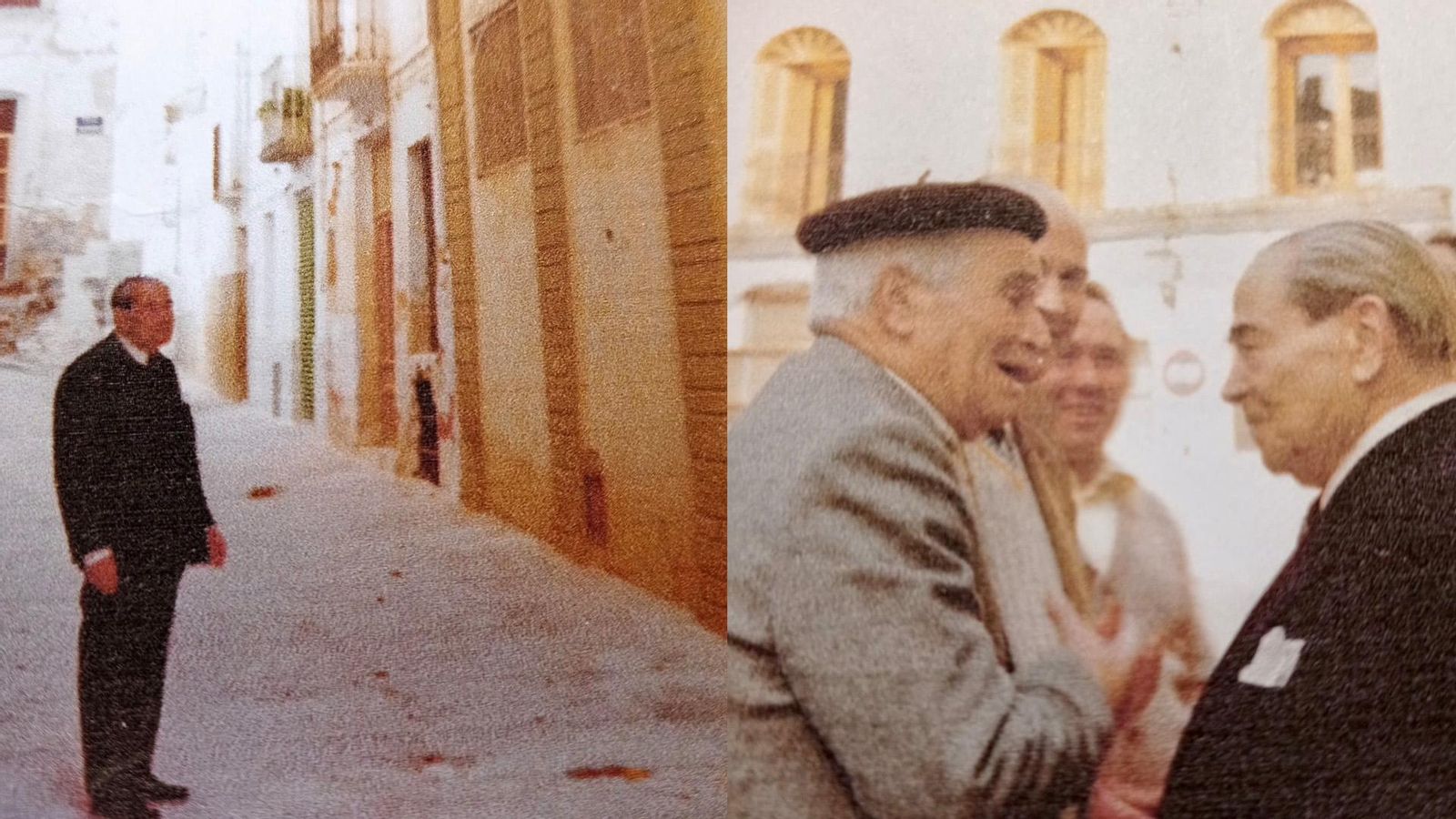 Rodolfo Llopis a Callosa d’en Sarrià al gener de 1976, la primera volta que torna de l’exili. En la primera imatge, davant l’antic quarter on va nàixer al carrer de l’Església; i, la segona, a la plaça de l’Ajuntament parlant amb el Tio Seguí i Salvador Briones, president de la Cooperativa Agrícola en aquells anys