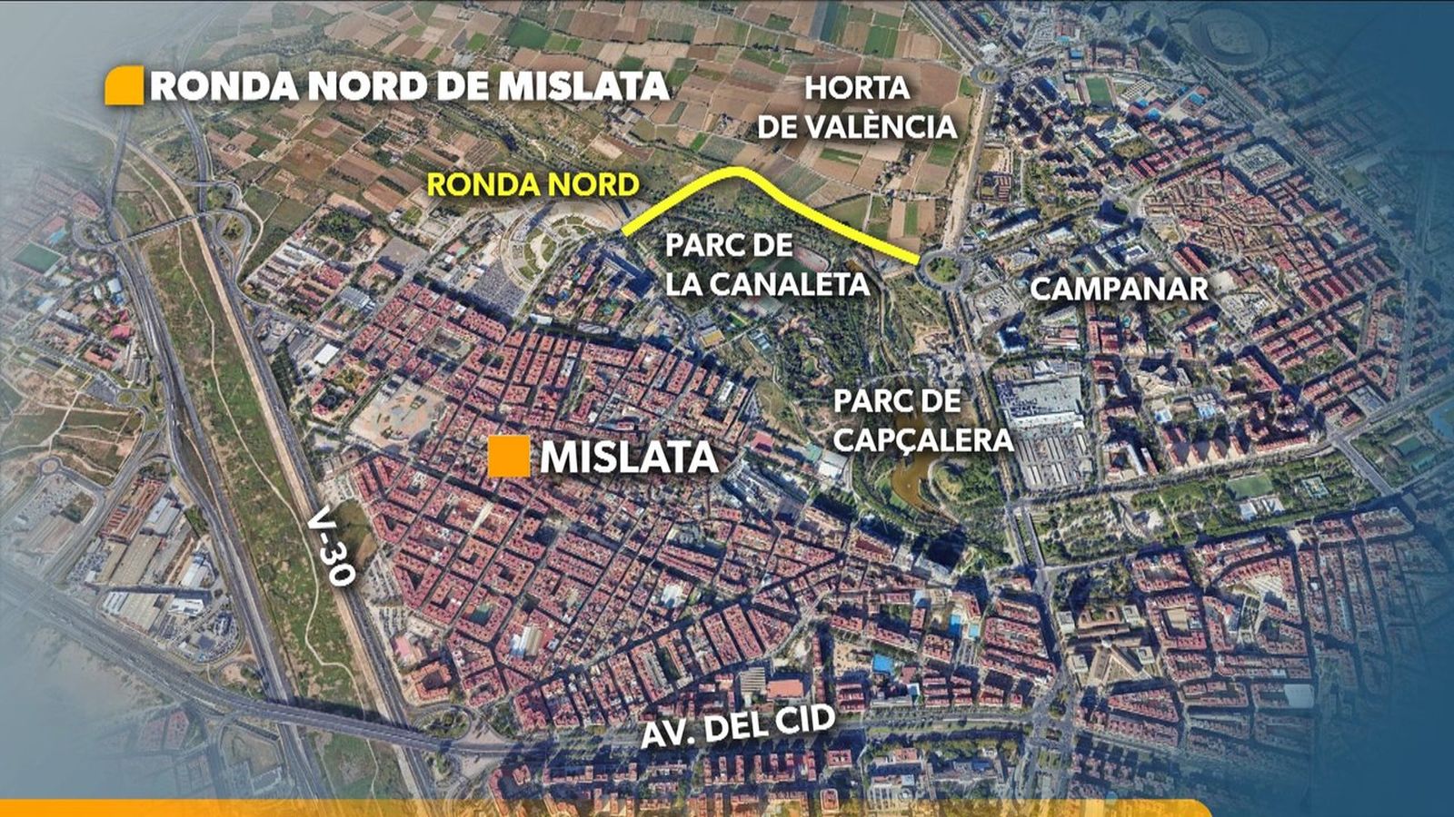 Vista zenital del mapa amb la nova carretera entre Mislata i Campana