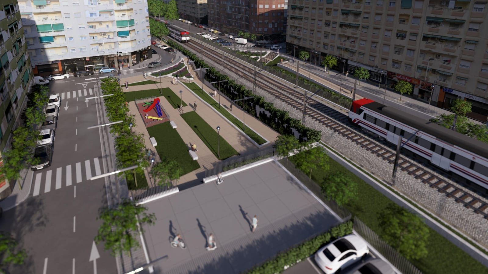 Simulació de l'entorn del pas a nivell entre Alfafar i Sedaví amb la solució que planteja Adif