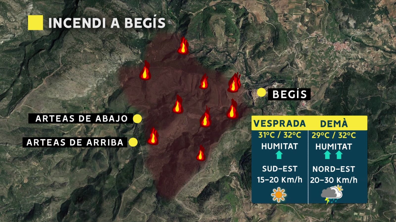 Mapa de la zona afectada pel foc a Begís