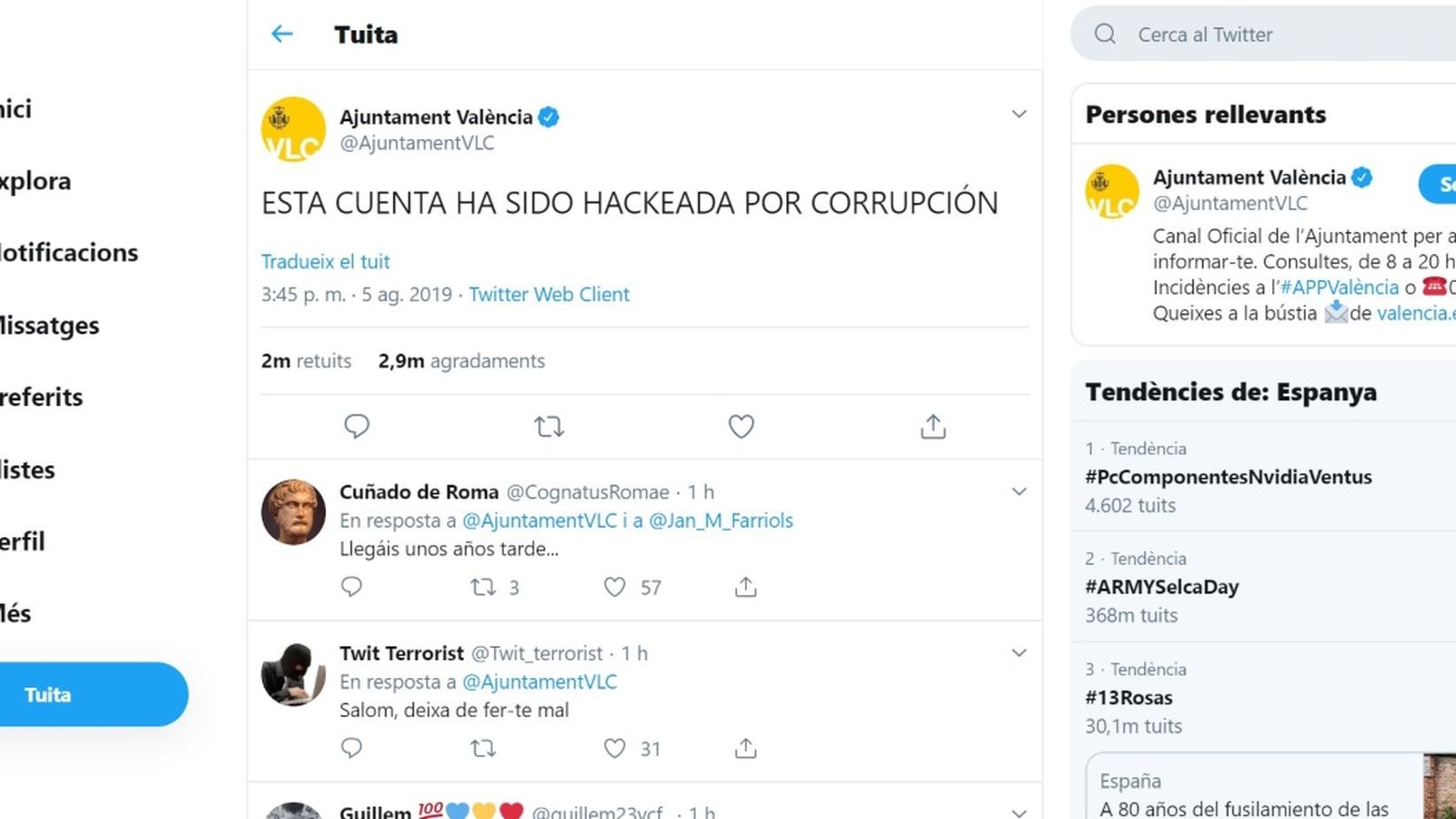 Captura de pantalla del tuit de l'usuari @ajuntamentVLC