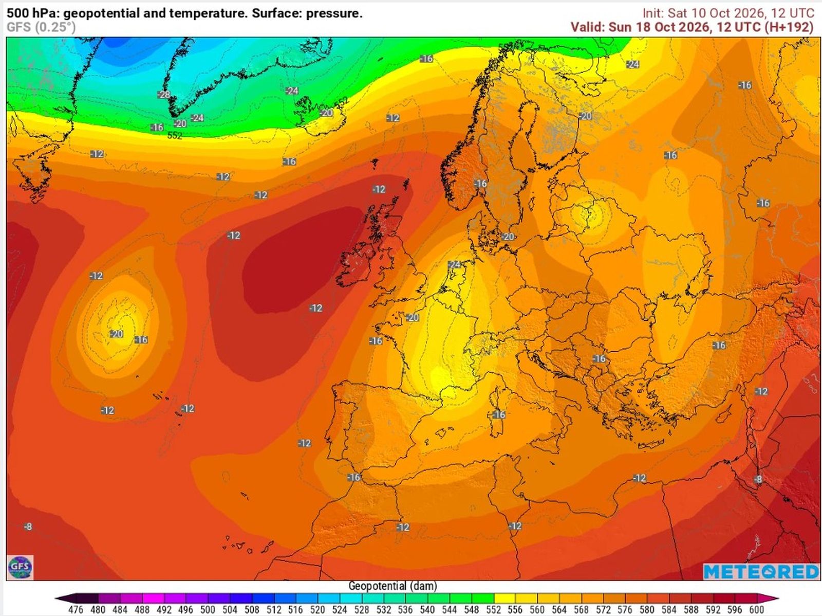 Previsió situació diumenge 18 a 500 hPa prevista pel model americà (GFS)